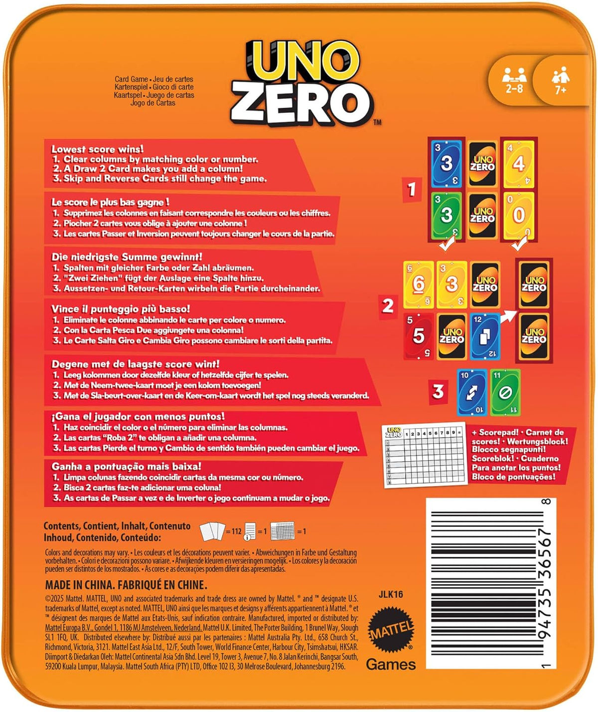MATTEL GAMES UNO ZERO – JUEGO DE CARTAS DE ESTRATEGIA PARA 2 A 8 JUGADORES, A PARTIR DE 7 AÑOS