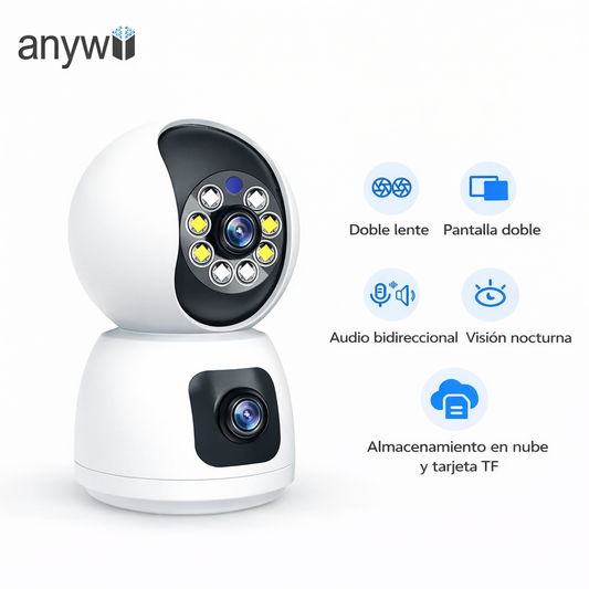 CÁMARA DE SEGURIDAD WIFI INTERIOR DOBLE LENTE 1080P CON VISIÓN NOCTURNA, DETECCIÓN DE MOVIMIENTO, AUDIO BIDIRECCIONAL Y GRABACIÓN EN NUBE O MICROSD