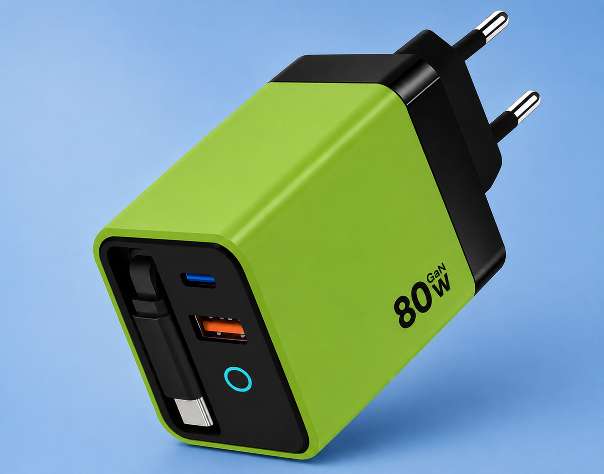 CARGADOR GAN 80W CON CABLE RETRÁCTIL INTEGRADO – CARGA RÁPIDA 3 EN 1 USB-C + USB PARA MÓVIL, TABLET Y PORTÁTIL