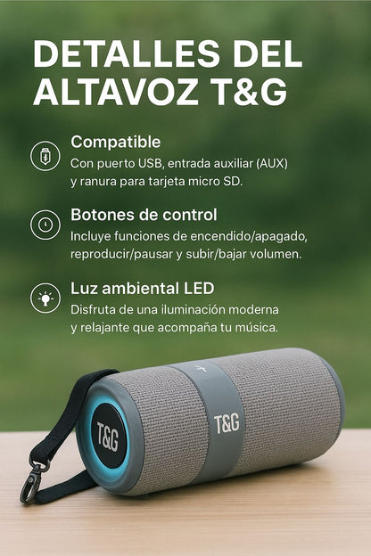 ALTAVOZ BLUETOOTH TG667 10W PORTÁTIL CON LED RGB, FM, AUX, TWS – SONIDO POTENTE Y DIVERTIDO