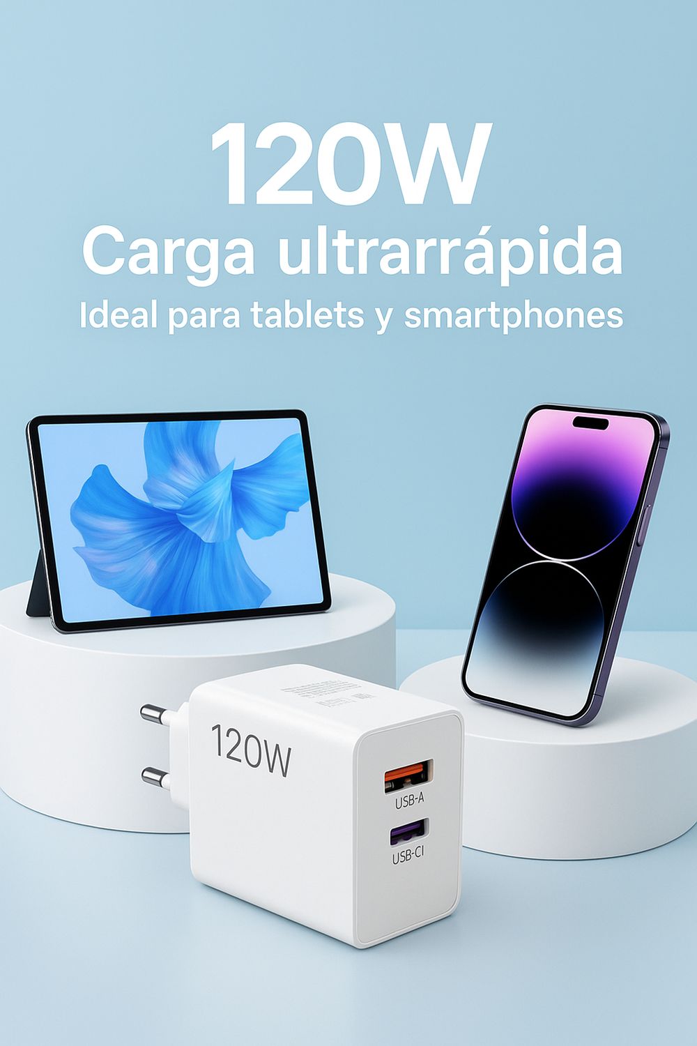 CARGADOR RÁPIDO 120W USB-C + USB-A CON CABLE TIPO C A TIPO C | PD + QC3.0 | CARGA ULTRARRÁPIDA UNIVERSAL