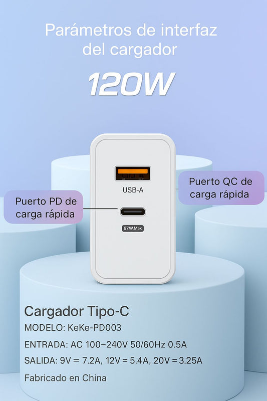 CARGADOR RÁPIDO 120W USB-C + USB-A CON CABLE TIPO C A TIPO C | PD + QC3.0 | CARGA ULTRARRÁPIDA UNIVERSAL
