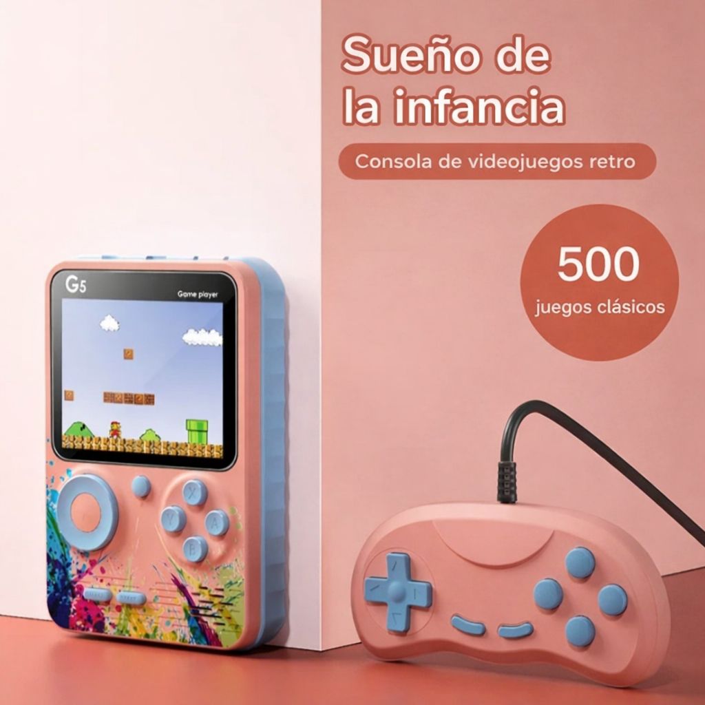 CONSOLA PORTÁTIL RETRO G5 CON MAS DE 500 JUEGOS – BATERÍA 1000MAH, AV Y DOBLE JUGADOR