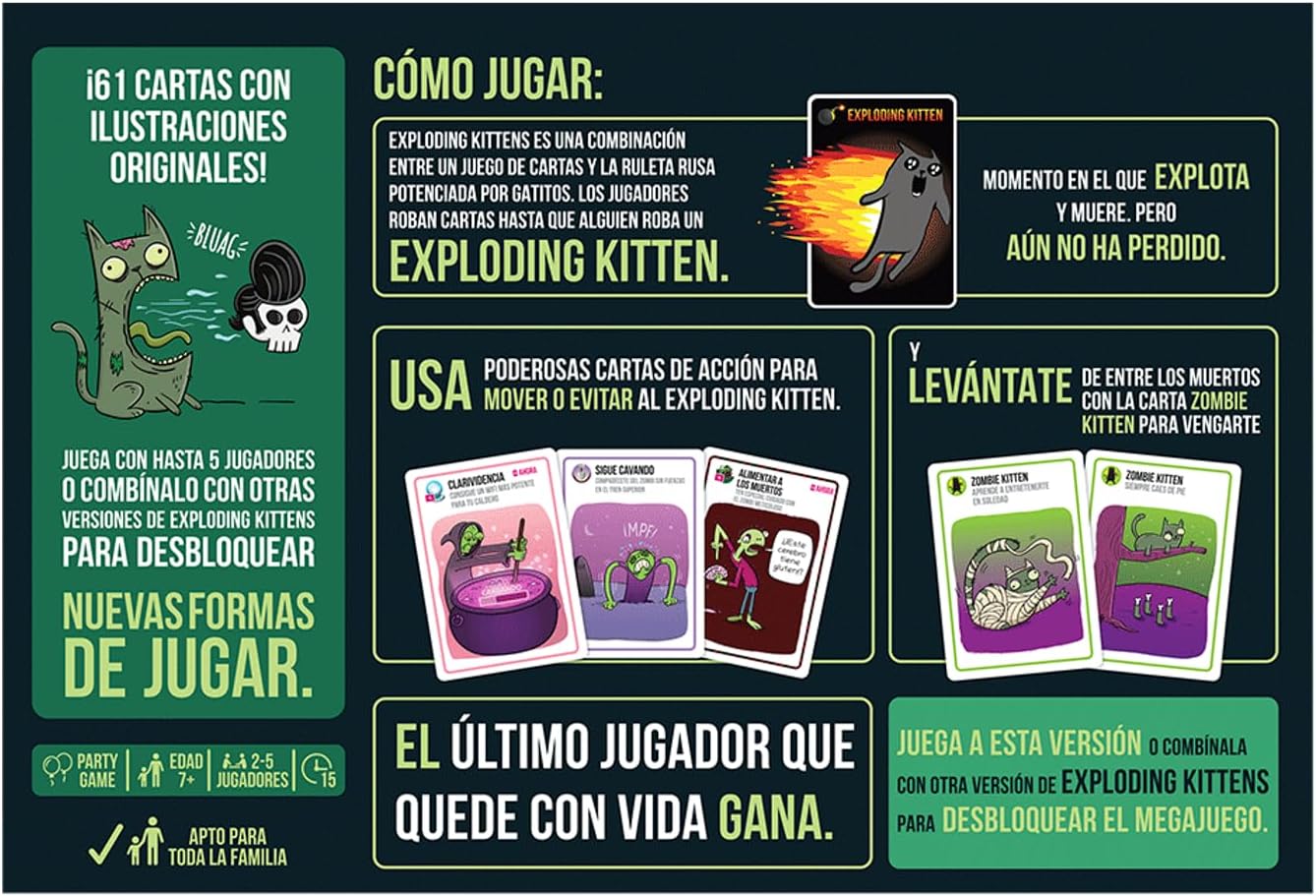 ZOMBIE KITTENS JUEGO DE CARTAS ORIGINAL – PARTY GAME DIVERTIDO CON GATOS EXPLOSIVOS Y REVIVIDOS PARA 2-5 JUGADORES