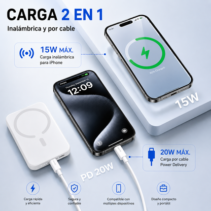 POWER BANK MAGNÉTICO 10000 MAH PD 20W CON CARGA INALÁMBRICA 15W | BATERÍA EXTERNA MAGNÉTICA USB-C