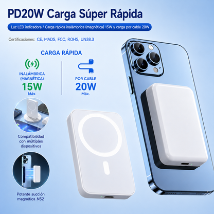 POWER BANK MAGNÉTICO 10000 MAH PD 20W CON CARGA INALÁMBRICA 15W | BATERÍA EXTERNA MAGNÉTICA USB-C