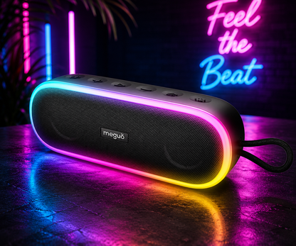 ALTAVOZ BLUETOOTH PORTÁTIL MEGUO 20W IPX7 CON LUCES RGB, BLUETOOTH 5.0, DSP, TWS, BASS+, TARJETA TF Y USB-C