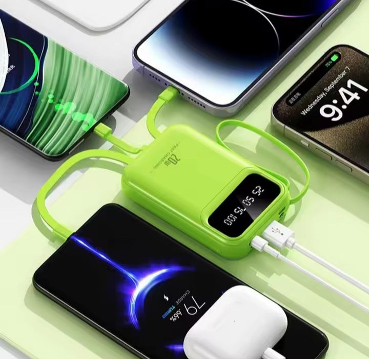 10000mAh 20W POWER BANK WITH 4 INTEGRATED CABLES AND LED DISPLAY – COMPACT PORTABLE EXTERNAL BATTERY WITH UNIVERSAL FAST CHARGING