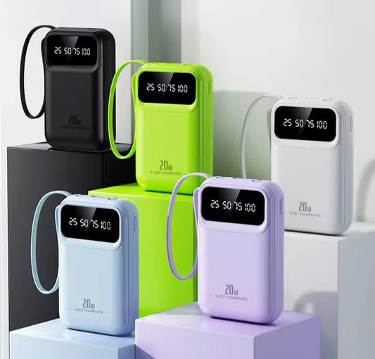 10000mAh 20W POWER BANK WITH 4 INTEGRATED CABLES AND LED DISPLAY – COMPACT PORTABLE EXTERNAL BATTERY WITH UNIVERSAL FAST CHARGING
