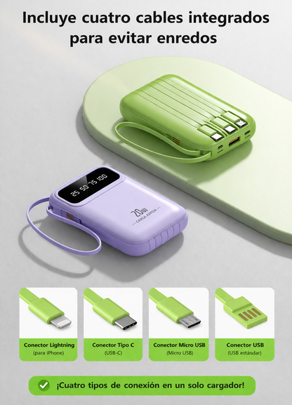 10000mAh 20W POWER BANK WITH 4 INTEGRATED CABLES AND LED DISPLAY – COMPACT PORTABLE EXTERNAL BATTERY WITH UNIVERSAL FAST CHARGING