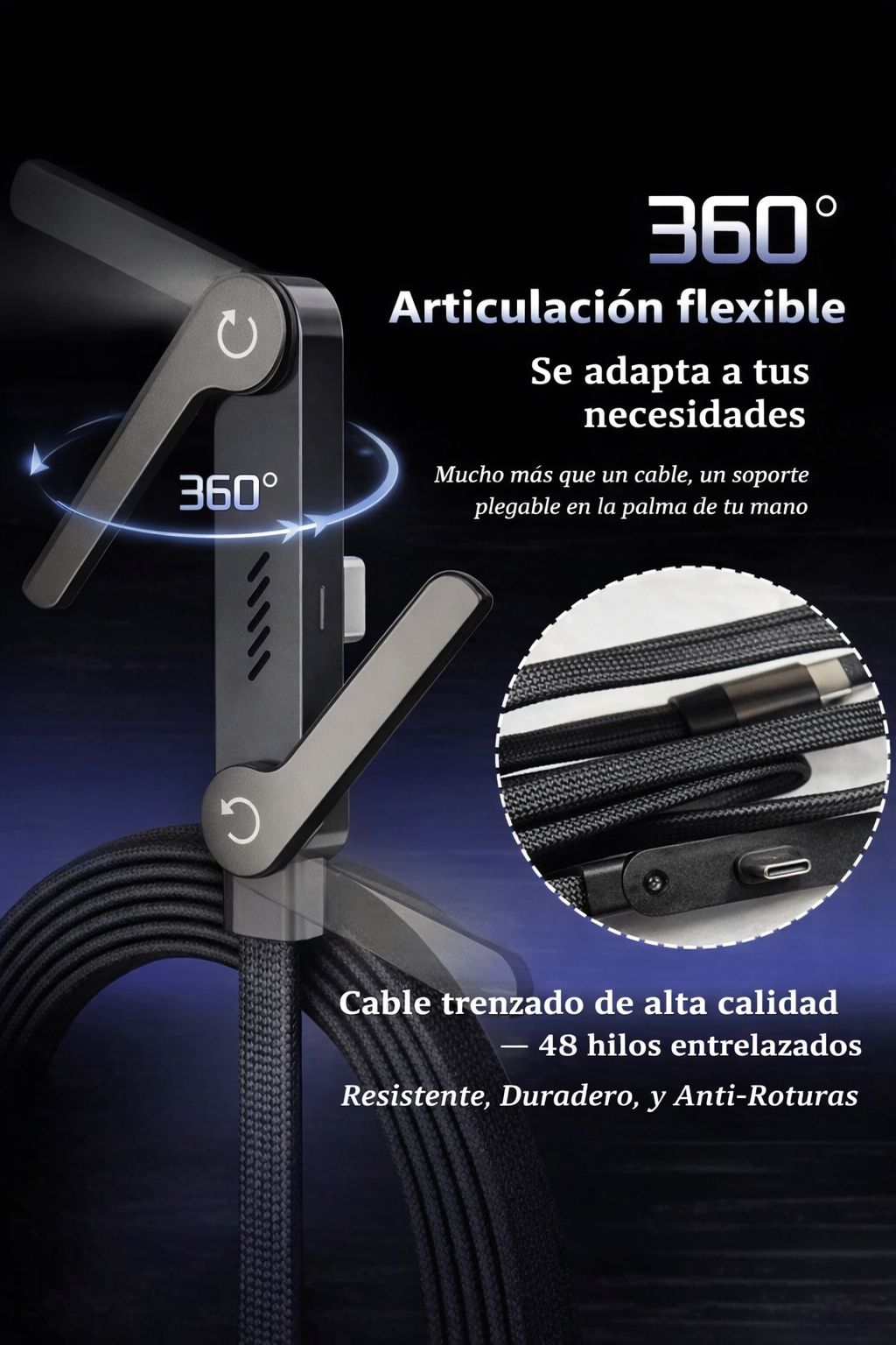 CABLE USB-C A USB-C 240W 1.5M CON SOPORTE 360º – CARGA ULTRARRÁPIDA Y DISEÑO GAMING