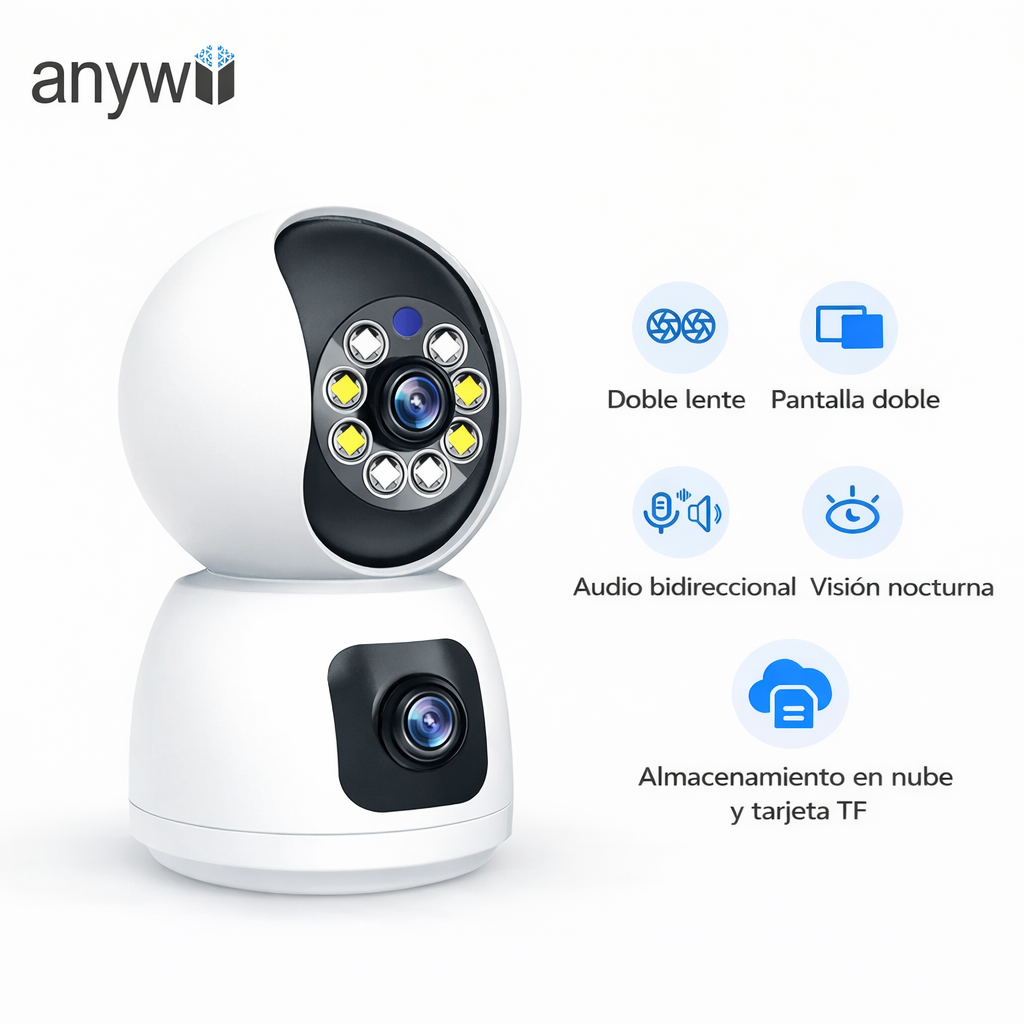 CÁMARA DE SEGURIDAD WIFI INTERIOR DOBLE LENTE 1080P CON VISIÓN NOCTURNA, DETECCIÓN DE MOVIMIENTO, AUDIO BIDIRECCIONAL Y GRABACIÓN EN NUBE O MICROSD