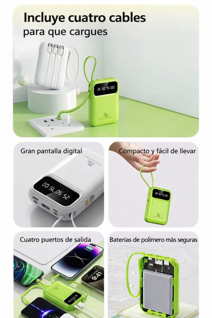 10000mAh 20W POWER BANK WITH 4 INTEGRATED CABLES AND LED DISPLAY – COMPACT PORTABLE EXTERNAL BATTERY WITH UNIVERSAL FAST CHARGING