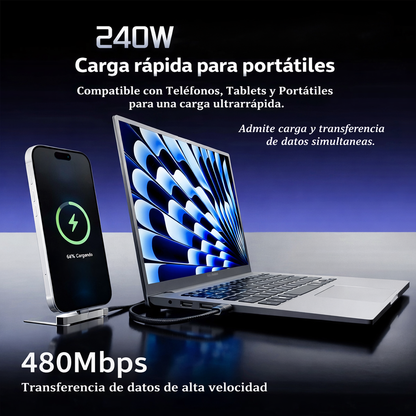CABLE USB-C A USB-C 240W 1.5M CON SOPORTE 360º – CARGA ULTRARRÁPIDA Y DISEÑO GAMING