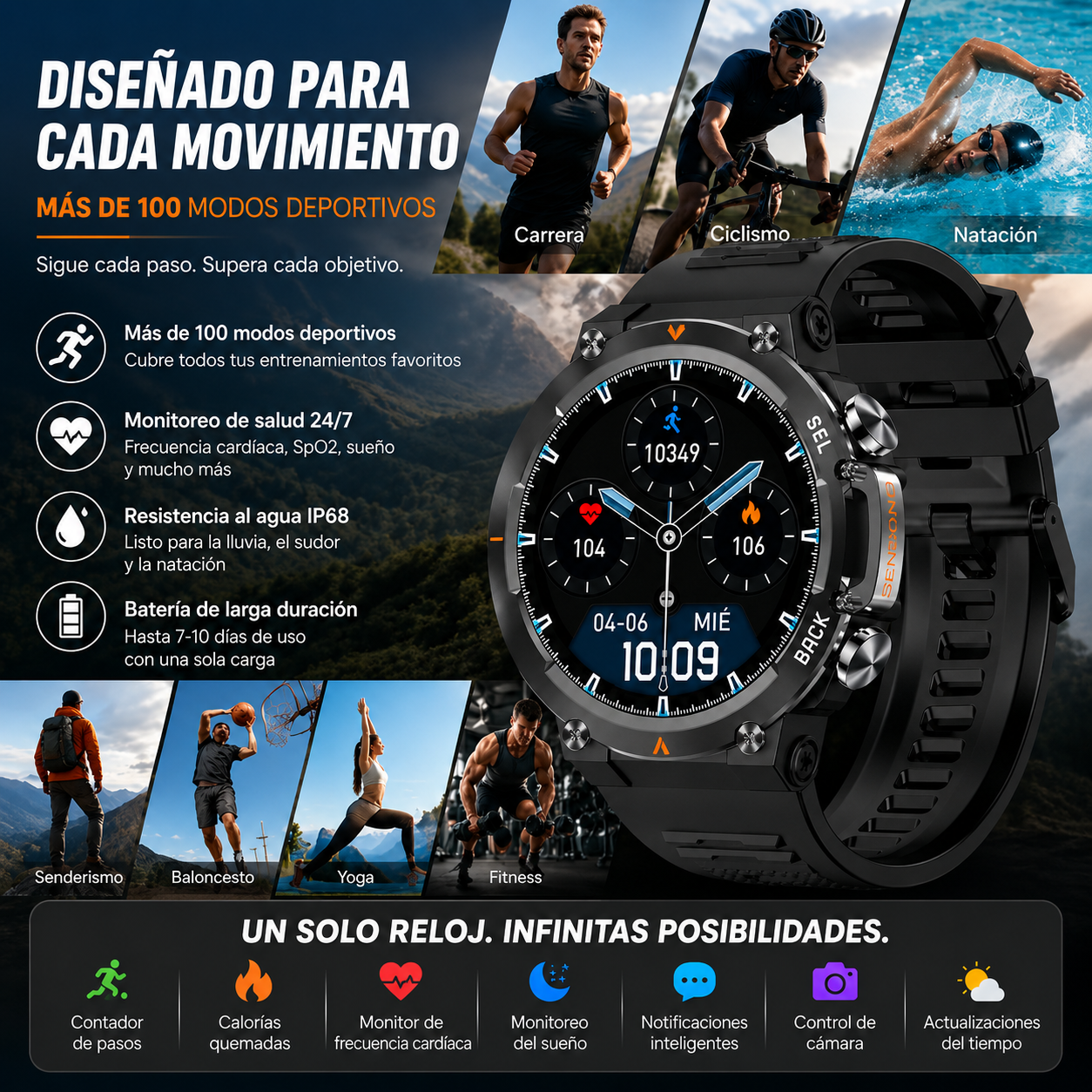 SMARTWATCH SENBONO MAX18 AMOLED 1,43" CON LLAMADAS BLUETOOTH, IP68 Y MÁS DE 100 MODOS DEPORTIVOS