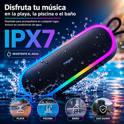 ALTAVOZ BLUETOOTH PORTÁTIL MEGUO 20W IPX7 CON LUCES RGB, BLUETOOTH 5.0, DSP, TWS, BASS+, TARJETA TF Y USB-C