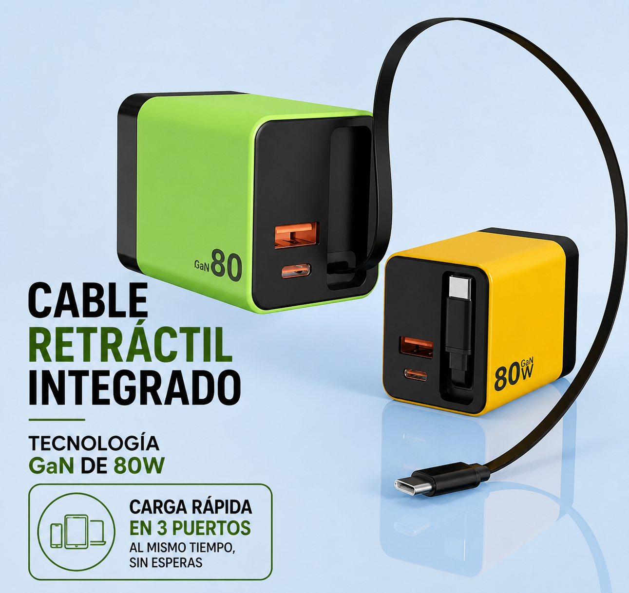 CARGADOR GAN 80W CON CABLE RETRÁCTIL INTEGRADO – CARGA RÁPIDA 3 EN 1 USB-C + USB PARA MÓVIL, TABLET Y PORTÁTIL