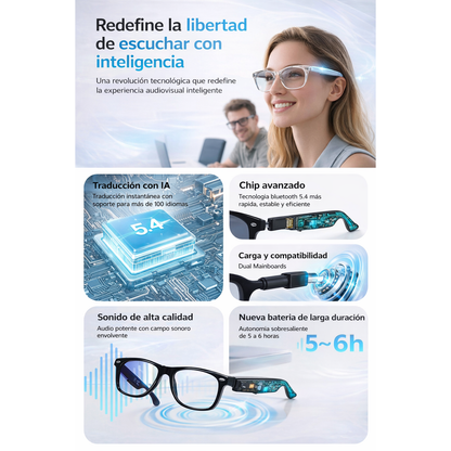 GAFAS INTELIGENTES CON IA Y TRADUCCIÓN EN TIEMPO REAL | BLUETOOTH 5.4, AUDIO HD, FILTRO LUZ AZUL Y CONTROL TÁCTIL