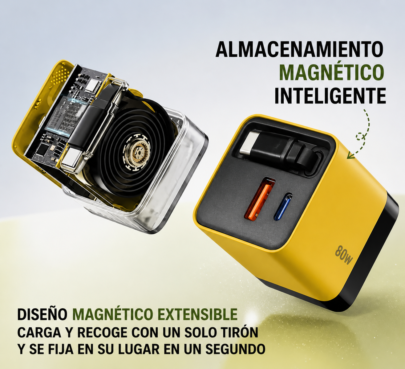 CARGADOR GAN 80W CON CABLE RETRÁCTIL INTEGRADO – CARGA RÁPIDA 3 EN 1 USB-C + USB PARA MÓVIL, TABLET Y PORTÁTIL
