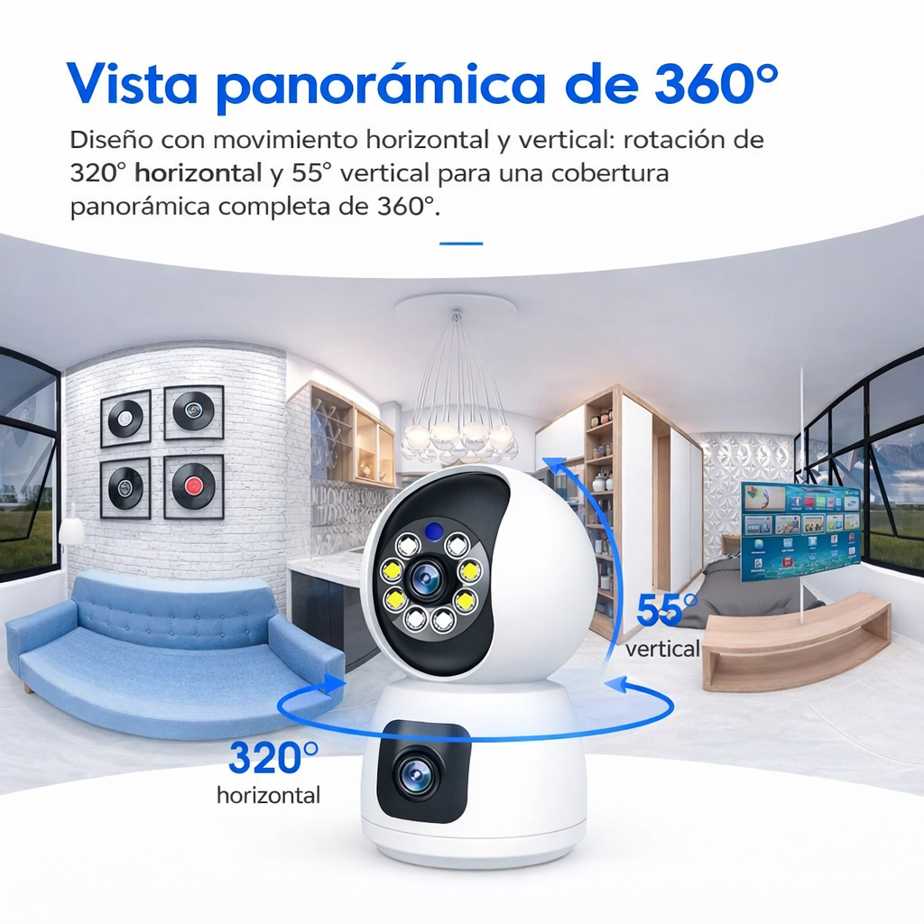 CÁMARA DE SEGURIDAD WIFI INTERIOR DOBLE LENTE 1080P CON VISIÓN NOCTURNA, DETECCIÓN DE MOVIMIENTO, AUDIO BIDIRECCIONAL Y GRABACIÓN EN NUBE O MICROSD