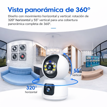 CÁMARA DE SEGURIDAD WIFI INTERIOR DOBLE LENTE 1080P CON VISIÓN NOCTURNA, DETECCIÓN DE MOVIMIENTO, AUDIO BIDIRECCIONAL Y GRABACIÓN EN NUBE O MICROSD