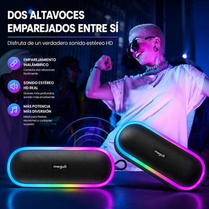 ALTAVOZ BLUETOOTH PORTÁTIL MEGUO 20W IPX7 CON LUCES RGB, BLUETOOTH 5.0, DSP, TWS, BASS+, TARJETA TF Y USB-C