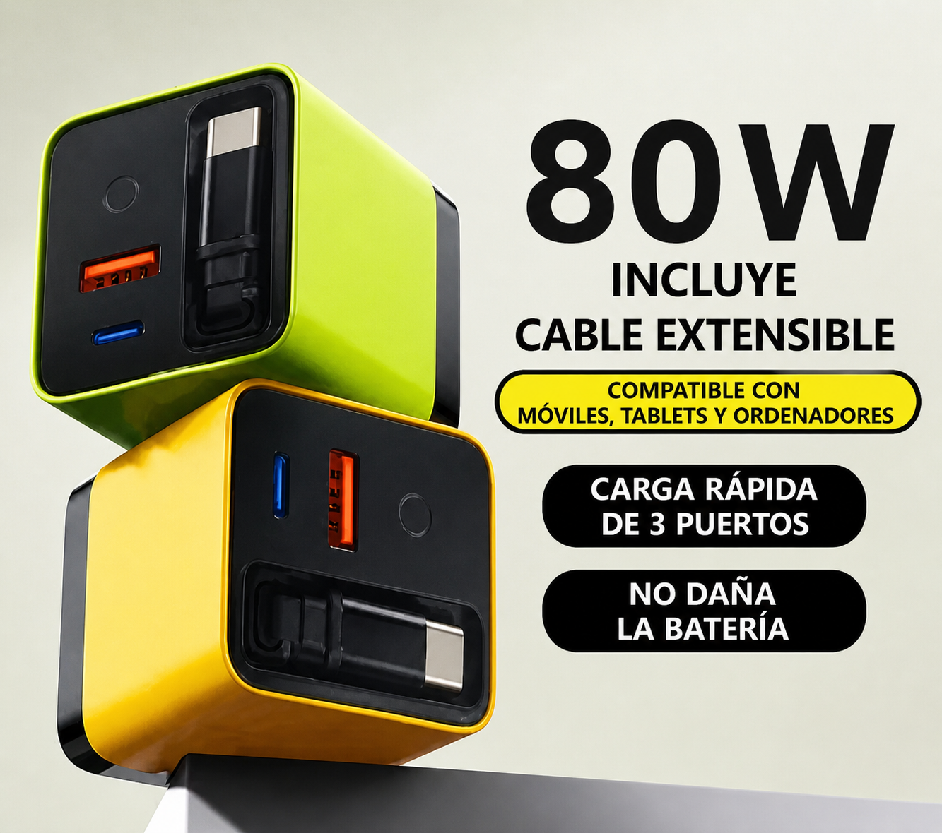 CARGADOR GAN 80W CON CABLE RETRÁCTIL INTEGRADO – CARGA RÁPIDA 3 EN 1 USB-C + USB PARA MÓVIL, TABLET Y PORTÁTIL