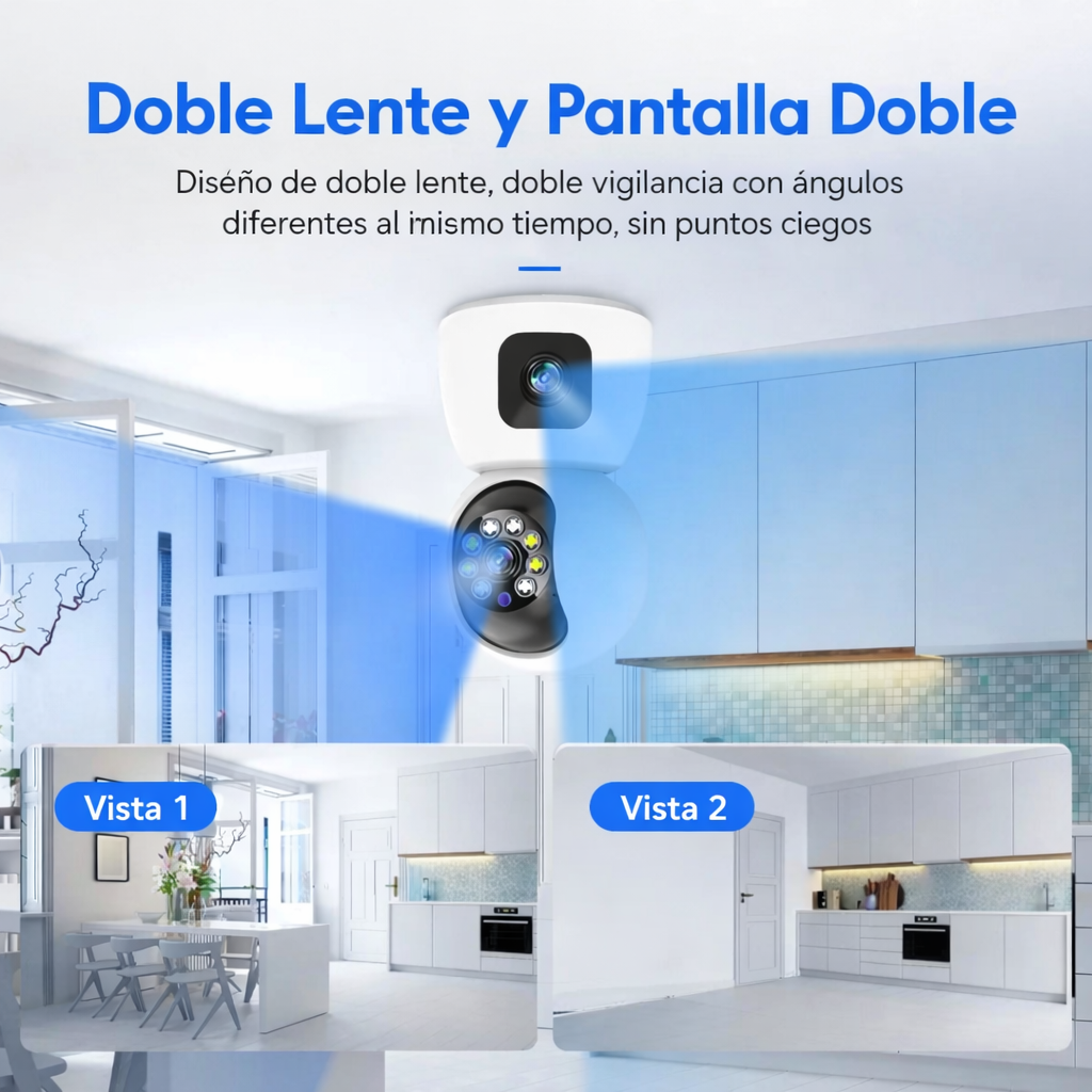 CÁMARA DE SEGURIDAD WIFI INTERIOR DOBLE LENTE 1080P CON VISIÓN NOCTURNA, DETECCIÓN DE MOVIMIENTO, AUDIO BIDIRECCIONAL Y GRABACIÓN EN NUBE O MICROSD