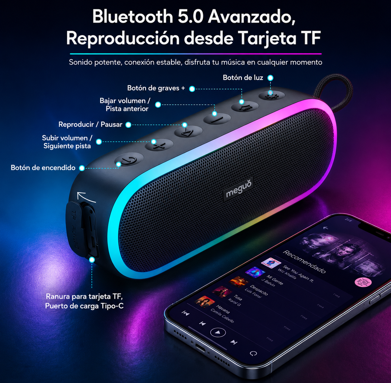 ALTAVOZ BLUETOOTH PORTÁTIL MEGUO 20W IPX7 CON LUCES RGB, BLUETOOTH 5.0, DSP, TWS, BASS+, TARJETA TF Y USB-C