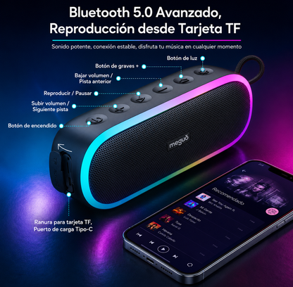 ALTAVOZ BLUETOOTH PORTÁTIL MEGUO 20W IPX7 CON LUCES RGB, BLUETOOTH 5.0, DSP, TWS, BASS+, TARJETA TF Y USB-C