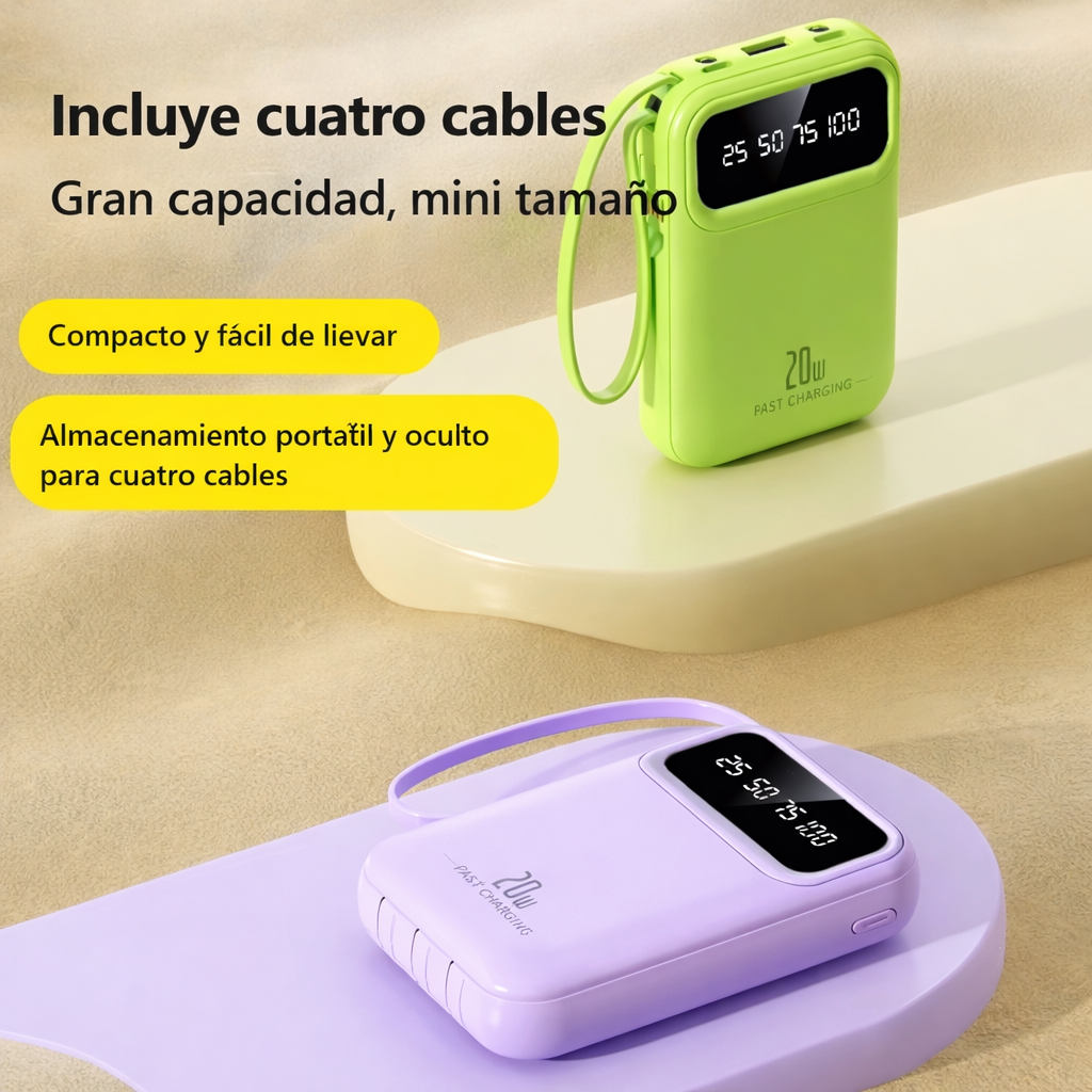 10000mAh 20W POWER BANK WITH 4 INTEGRATED CABLES AND LED DISPLAY – COMPACT PORTABLE EXTERNAL BATTERY WITH UNIVERSAL FAST CHARGING