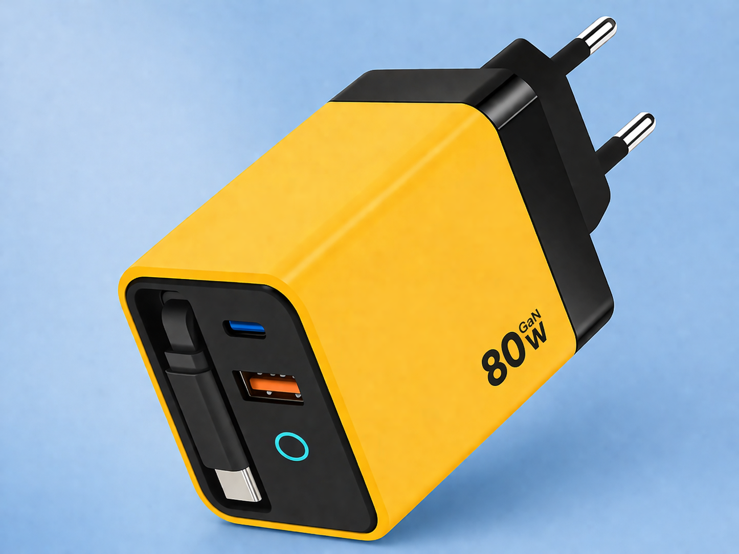 CARGADOR GAN 80W CON CABLE RETRÁCTIL INTEGRADO – CARGA RÁPIDA 3 EN 1 USB-C + USB PARA MÓVIL, TABLET Y PORTÁTIL