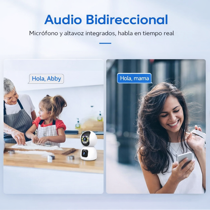 CÁMARA DE SEGURIDAD WIFI INTERIOR DOBLE LENTE 1080P CON VISIÓN NOCTURNA, DETECCIÓN DE MOVIMIENTO, AUDIO BIDIRECCIONAL Y GRABACIÓN EN NUBE O MICROSD