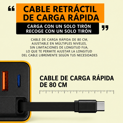 CARGADOR GAN 80W CON CABLE RETRÁCTIL INTEGRADO – CARGA RÁPIDA 3 EN 1 USB-C + USB PARA MÓVIL, TABLET Y PORTÁTIL