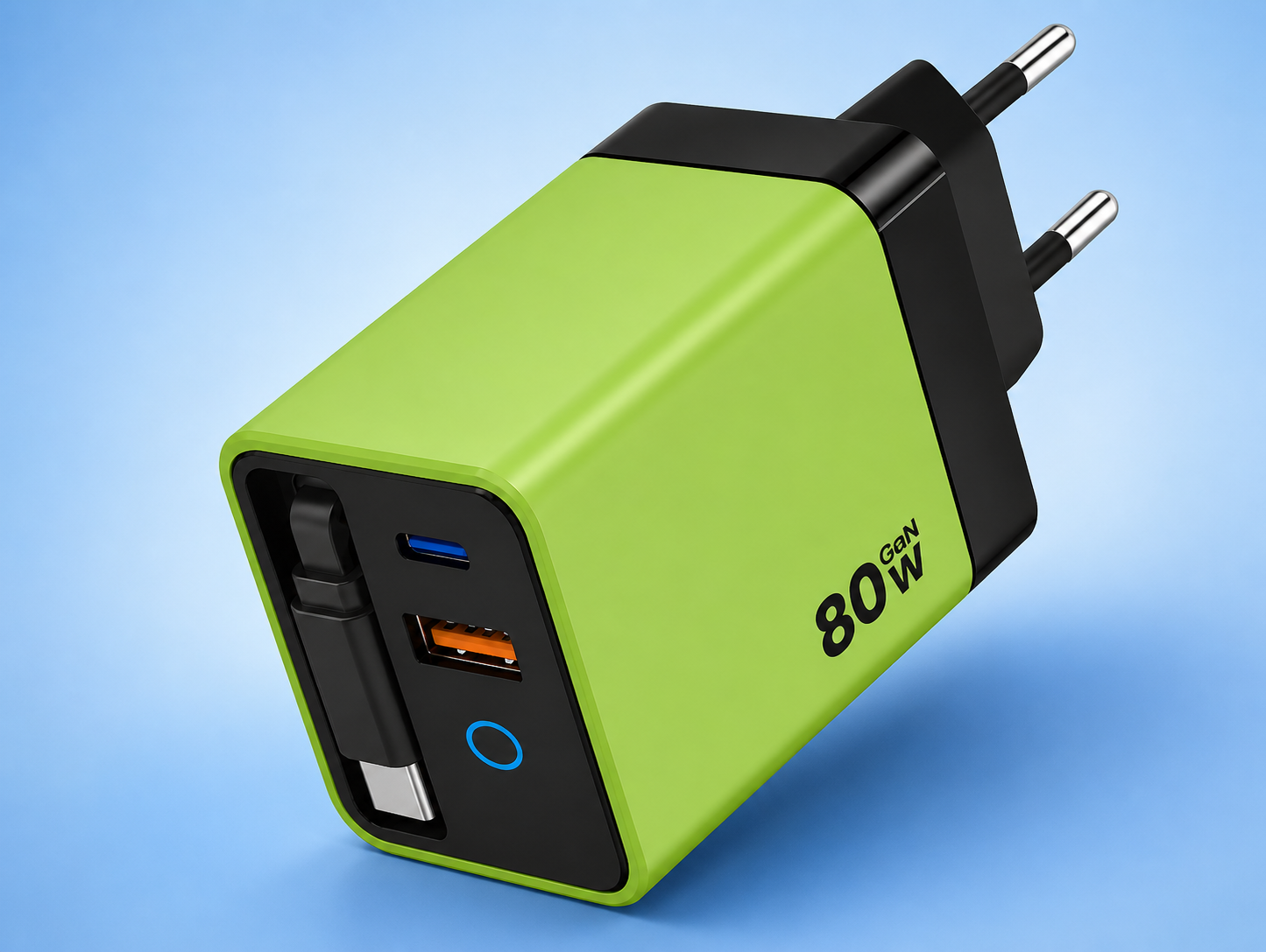 CARGADOR GAN 80W CON CABLE RETRÁCTIL INTEGRADO – CARGA RÁPIDA 3 EN 1 USB-C + USB PARA MÓVIL, TABLET Y PORTÁTIL