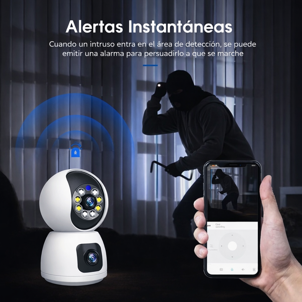 CÁMARA DE SEGURIDAD WIFI INTERIOR DOBLE LENTE 1080P CON VISIÓN NOCTURNA, DETECCIÓN DE MOVIMIENTO, AUDIO BIDIRECCIONAL Y GRABACIÓN EN NUBE O MICROSD