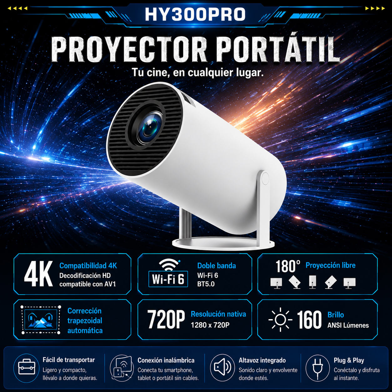 HY300 PRO PROYECTOR PORTÁTIL WIFI 6, BLUETOOTH 5.0 Y ANDROID 11 COMPATIBLE 4K