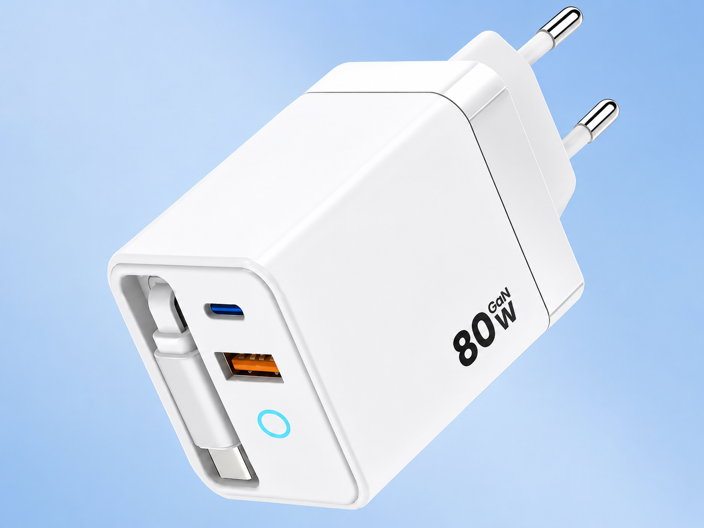 CARGADOR GAN 80W CON CABLE RETRÁCTIL INTEGRADO – CARGA RÁPIDA 3 EN 1 USB-C + USB PARA MÓVIL, TABLET Y PORTÁTIL