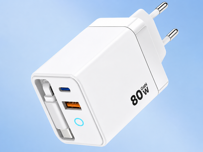 CARGADOR GAN 80W CON CABLE RETRÁCTIL INTEGRADO – CARGA RÁPIDA 3 EN 1 USB-C + USB PARA MÓVIL, TABLET Y PORTÁTIL