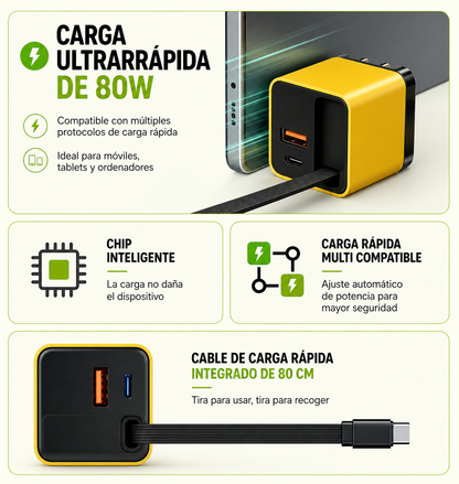 CARGADOR GAN 80W CON CABLE RETRÁCTIL INTEGRADO – CARGA RÁPIDA 3 EN 1 USB-C + USB PARA MÓVIL, TABLET Y PORTÁTIL