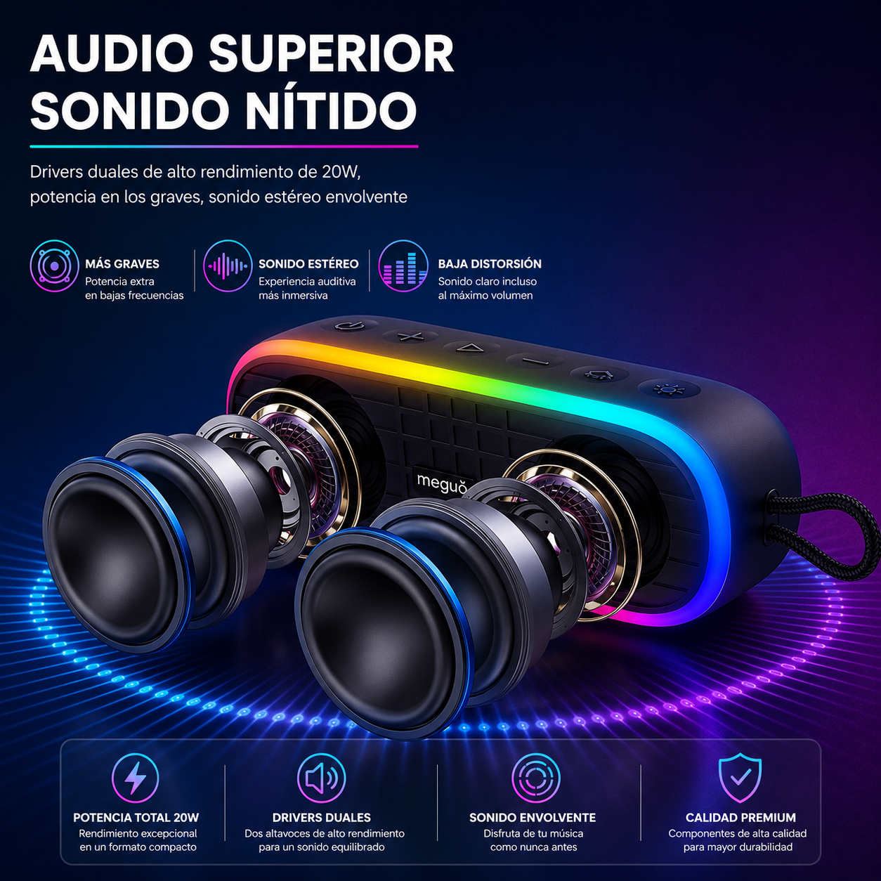 ALTAVOZ BLUETOOTH PORTÁTIL MEGUO 20W IPX7 CON LUCES RGB, BLUETOOTH 5.0, DSP, TWS, BASS+, TARJETA TF Y USB-C