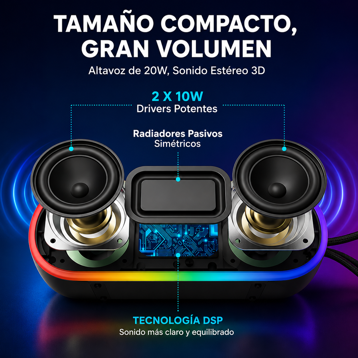 ALTAVOZ BLUETOOTH PORTÁTIL MEGUO 20W IPX7 CON LUCES RGB, BLUETOOTH 5.0, DSP, TWS, BASS+, TARJETA TF Y USB-C