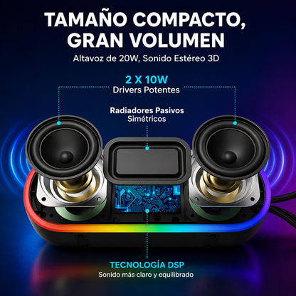 ALTAVOZ BLUETOOTH PORTÁTIL MEGUO 20W IPX7 CON LUCES RGB, BLUETOOTH 5.0, DSP, TWS, BASS+, TARJETA TF Y USB-C